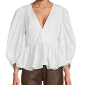 STAUD “Luna” White Puff Sleeve Peplum Blouse